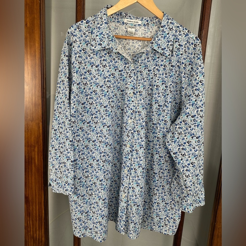 Chelsea Studio 3/4 Sleeve Button-Front Shirt 3X Blue Floral Collared Cotton‎